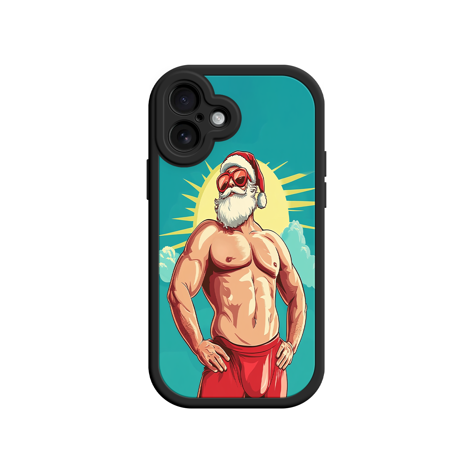 Holiday phone case with sunburst and Santa illustration