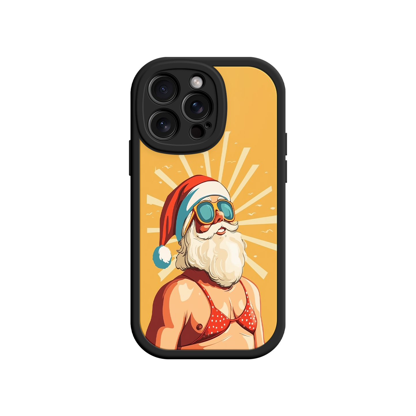 Artistic phone case with sunburst and Santa in bikini