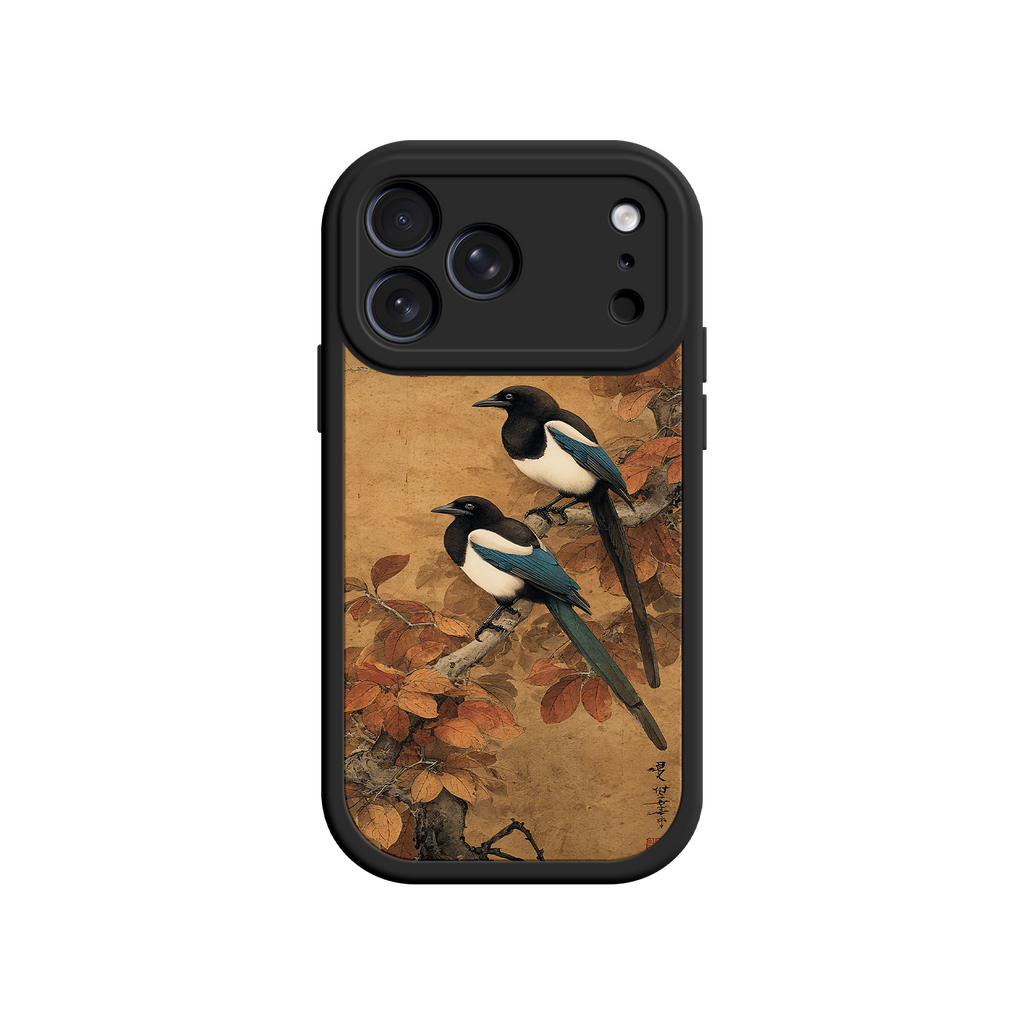 Magpie phone case with parchment-style background