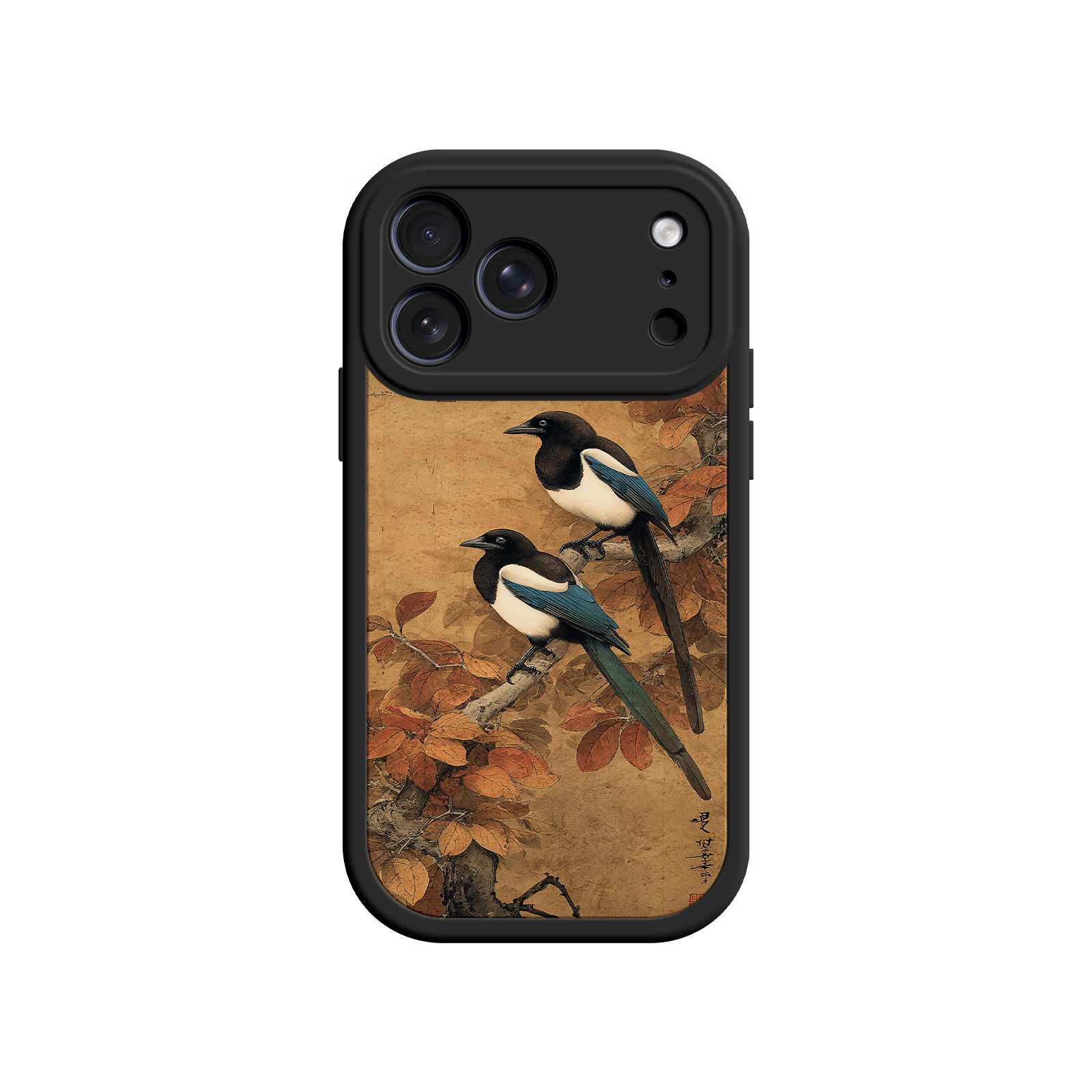 Magpie phone case with parchment-style background