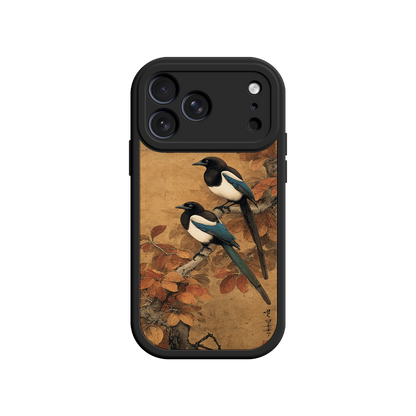 Magpie phone case with parchment-style background