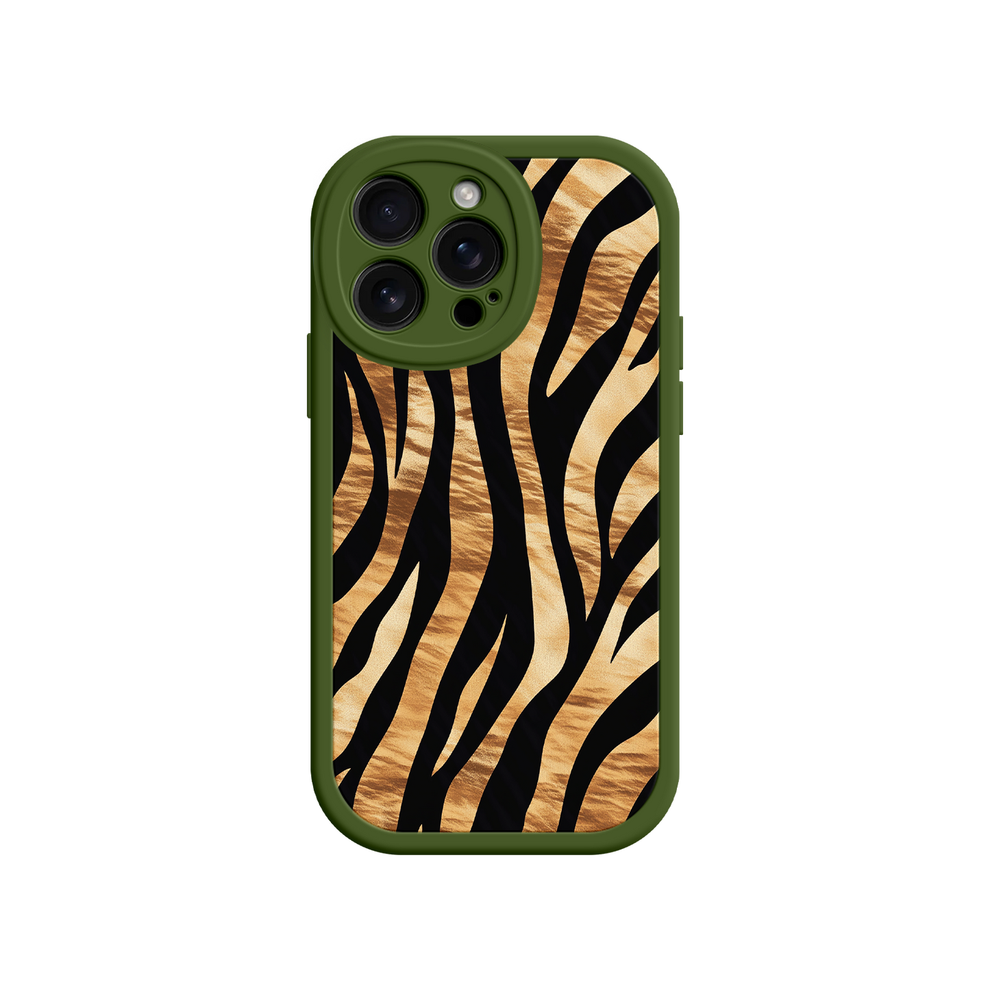 #MC0011 Factory Wholesale Tiger Stripe iPhone Case – Bold Animal Print with Olive Green Frame