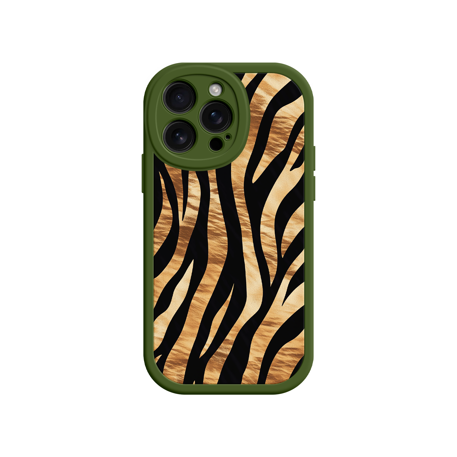 iPhone case with olive green border and tiger print
