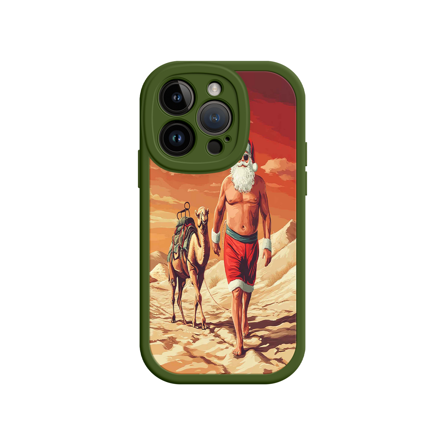 #MC0028 Factory Wholesale Desert Santa iPhone 17 Case – Funny Christmas Design, Muscular Santa & Camel, Holiday Heat Vibes