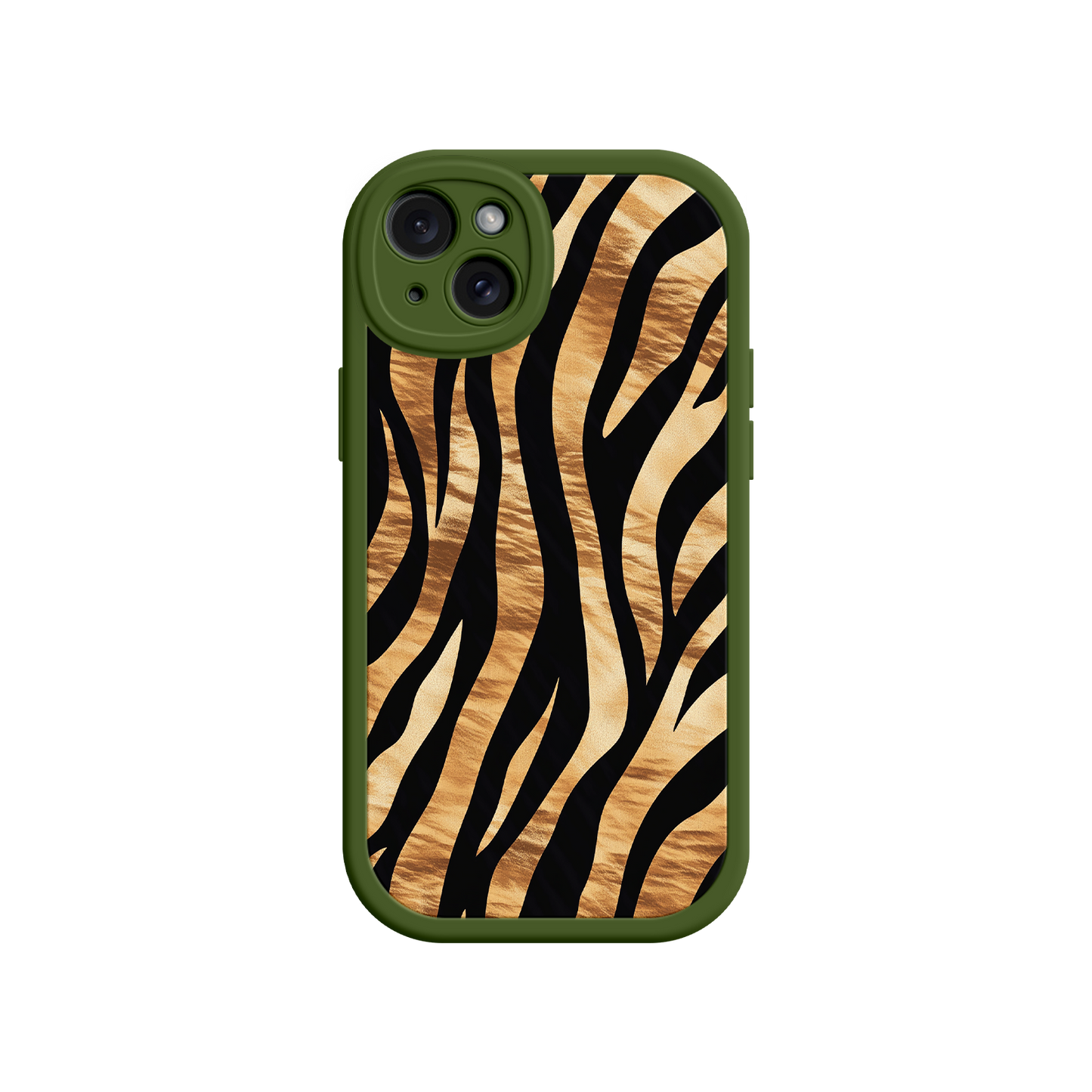 #MC0011 Factory Wholesale Tiger Stripe iPhone Case – Bold Animal Print with Olive Green Frame