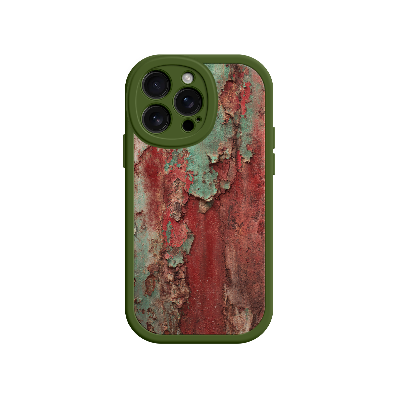 Grunge-style phone case with peeling paint and rust