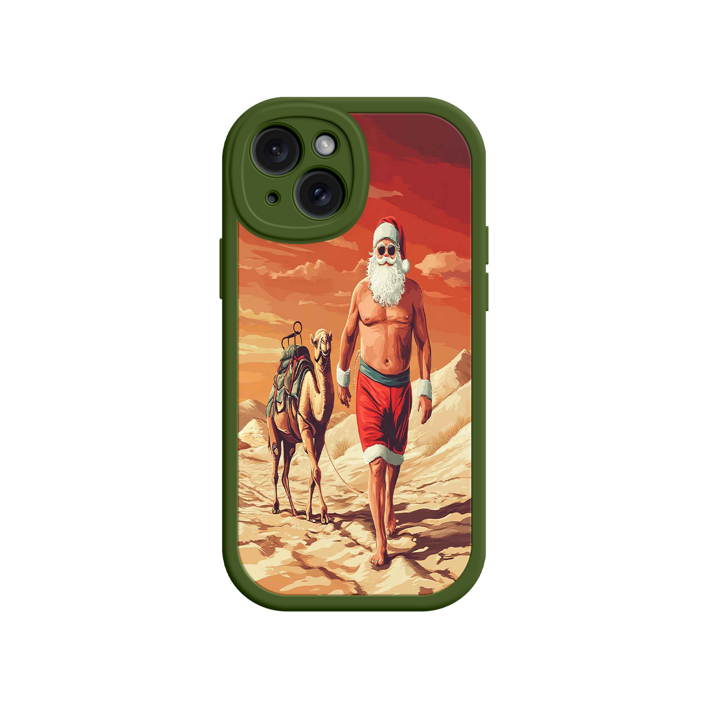 #MC0028 Factory Wholesale Desert Santa iPhone 17 Case – Funny Christmas Design, Muscular Santa & Camel, Holiday Heat Vibes