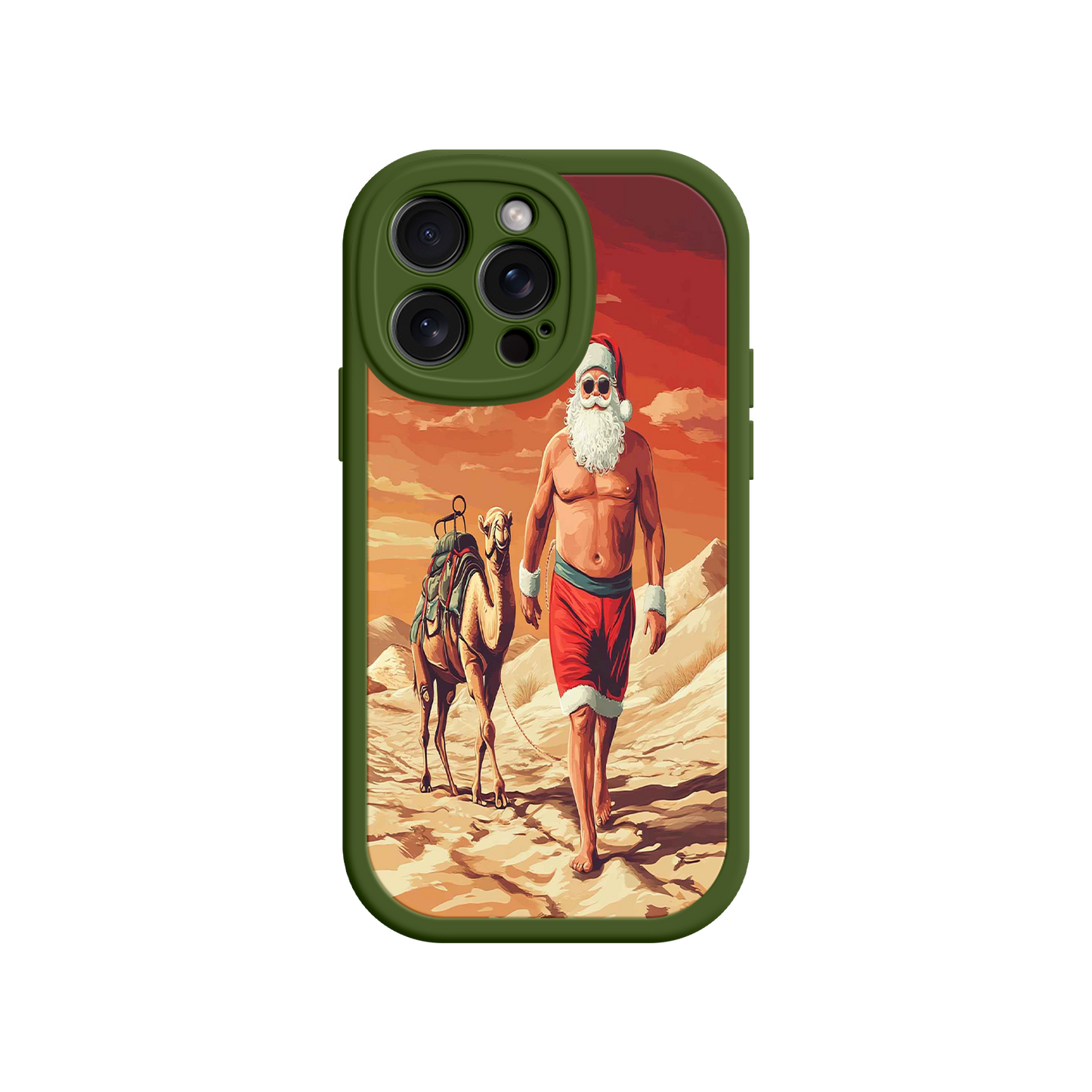 #MC0028 Factory Wholesale Desert Santa iPhone 17 Case – Funny Christmas Design, Muscular Santa & Camel, Holiday Heat Vibes