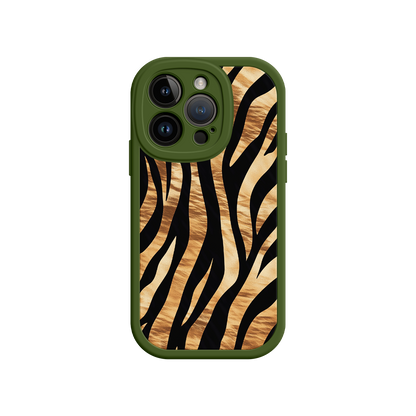 #MC0011 Factory Wholesale Tiger Stripe iPhone Case – Bold Animal Print with Olive Green Frame