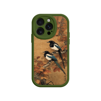 Traditional art phone case with magpies and leaves