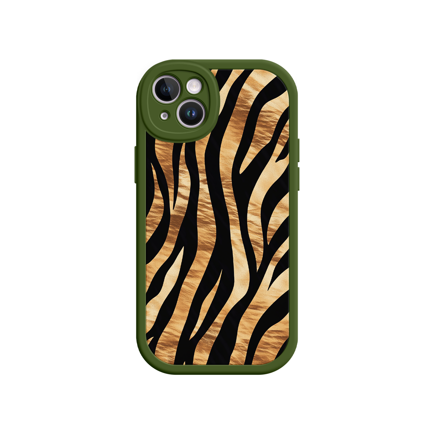 #MC0011 Factory Wholesale Tiger Stripe iPhone Case – Bold Animal Print with Olive Green Frame