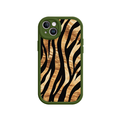 #MC0011 Factory Wholesale Tiger Stripe iPhone Case – Bold Animal Print with Olive Green Frame