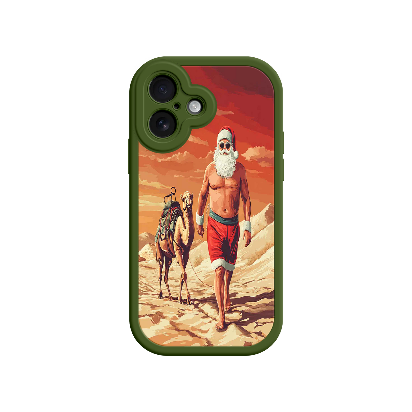 #MC0028 Factory Wholesale Desert Santa iPhone 17 Case – Funny Christmas Design, Muscular Santa & Camel, Holiday Heat Vibes