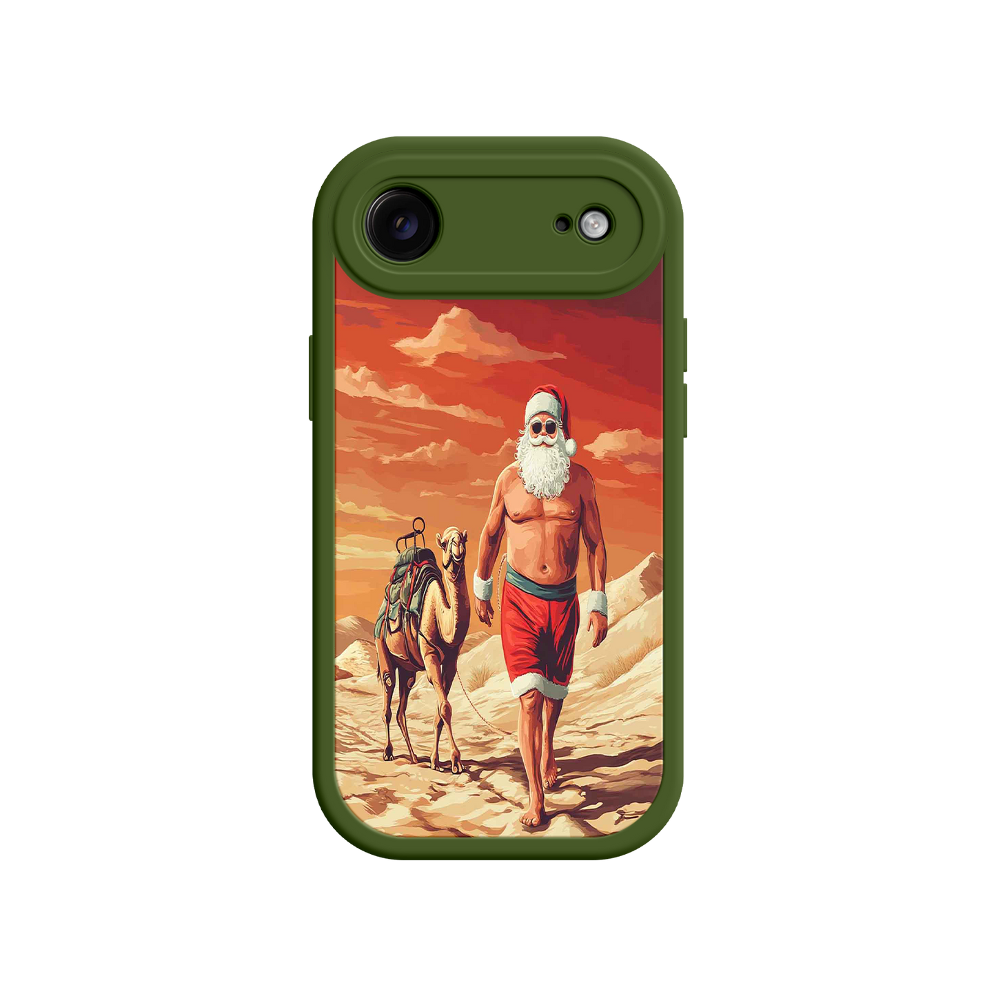 #MC0028 Factory Wholesale Desert Santa iPhone 17 Case – Funny Christmas Design, Muscular Santa & Camel, Holiday Heat Vibes