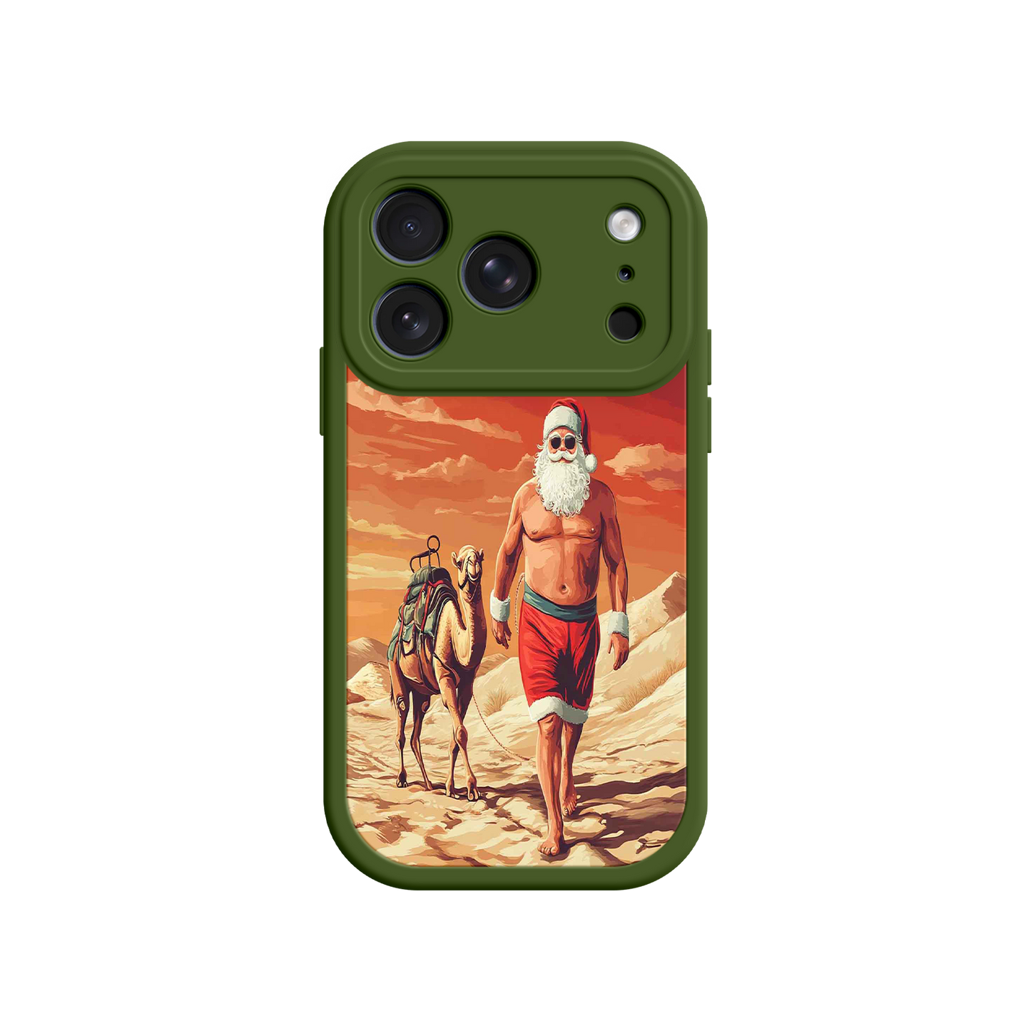 #MC0028 Factory Wholesale Desert Santa iPhone 17 Case – Funny Christmas Design, Muscular Santa & Camel, Holiday Heat Vibes