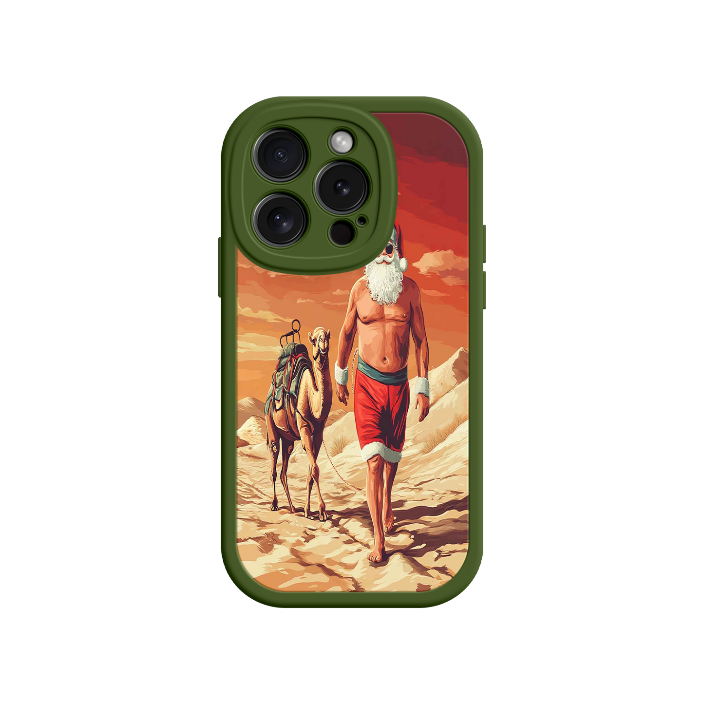 #MC0028 Factory Wholesale Desert Santa iPhone 17 Case – Funny Christmas Design, Muscular Santa & Camel, Holiday Heat Vibes