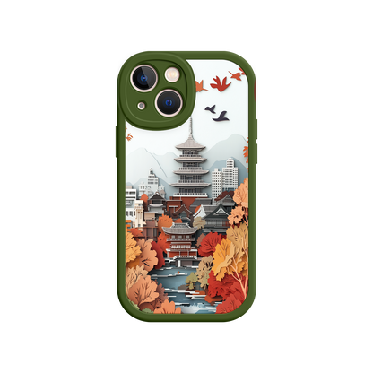 #MC0034 Factory Wholesale Autumn Japanese Landscape iPhone 17 Case – Traditional Japan Scene, Fall Foliage Illustration, Mount Fuji Phone Cover