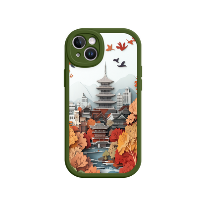 #MC0034 Factory Wholesale Autumn Japanese Landscape iPhone 17 Case – Traditional Japan Scene, Fall Foliage Illustration, Mount Fuji Phone Cover