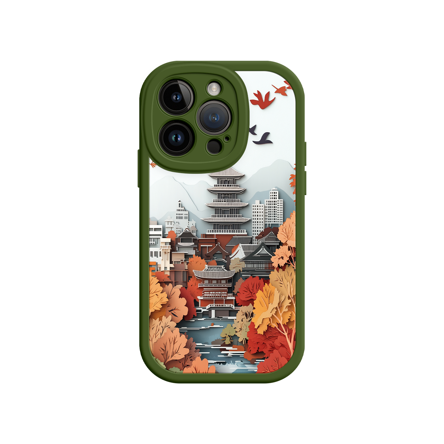#MC0034 Factory Wholesale Autumn Japanese Landscape iPhone 17 Case – Traditional Japan Scene, Fall Foliage Illustration, Mount Fuji Phone Cover