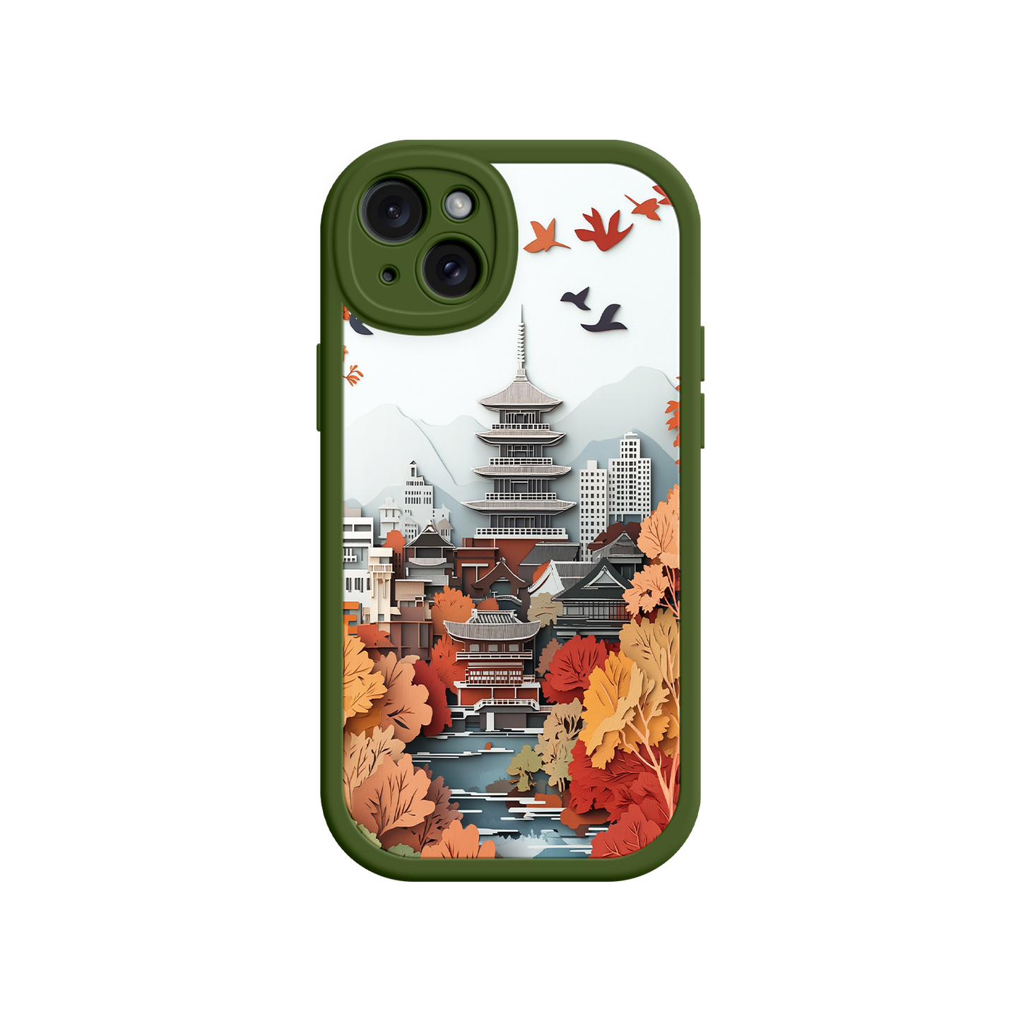 #MC0034 Factory Wholesale Autumn Japanese Landscape iPhone 17 Case – Traditional Japan Scene, Fall Foliage Illustration, Mount Fuji Phone Cover