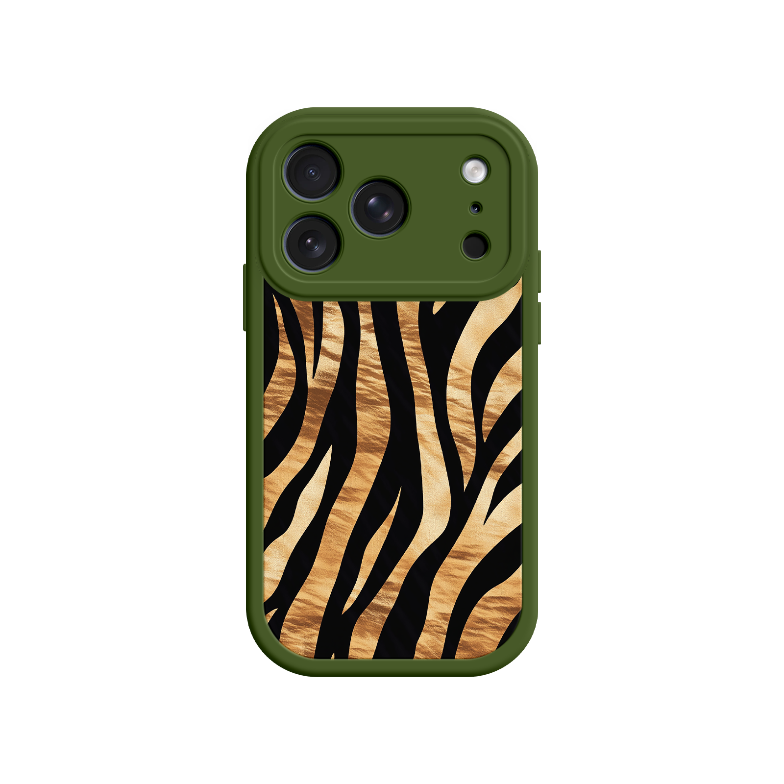 Tiger print phone case with olive green frame
