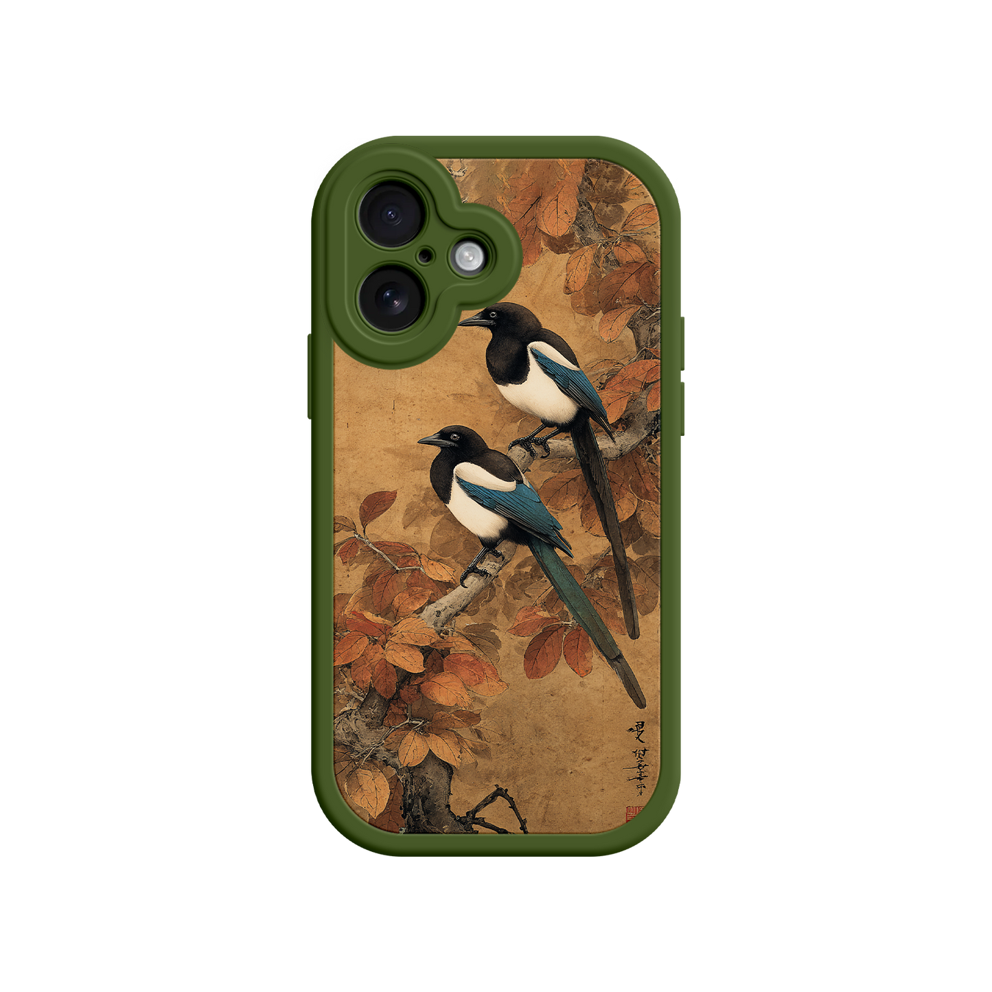 Vintage scroll phone case with autumn bird design