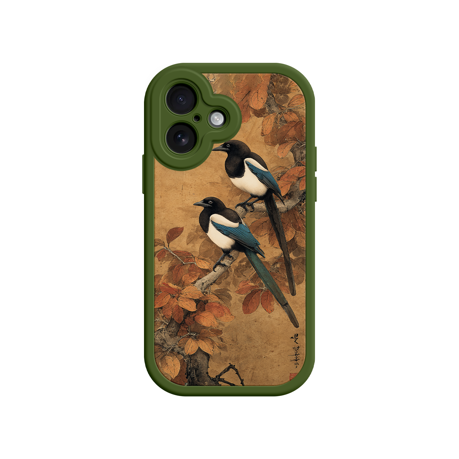 Vintage scroll phone case with autumn bird design