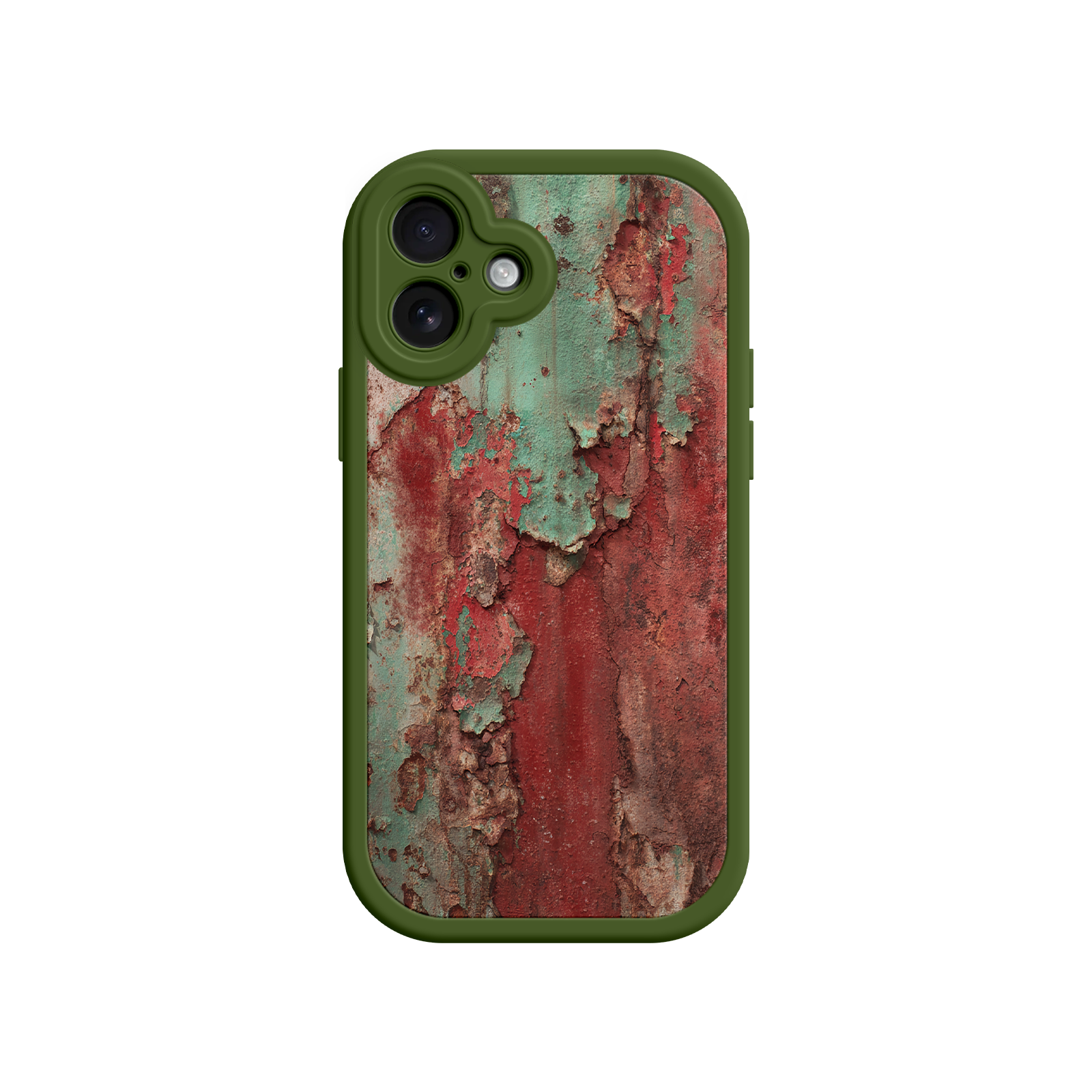 Rustic phone case with oxidized red and green finish