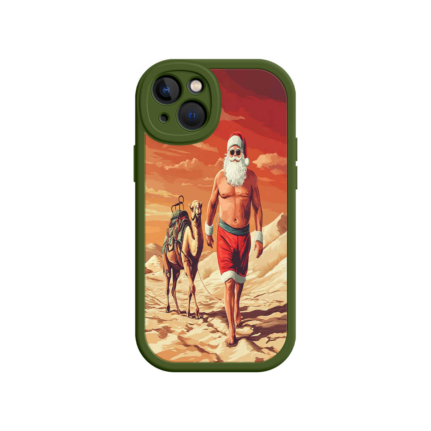 #MC0028 Factory Wholesale Desert Santa iPhone 17 Case – Funny Christmas Design, Muscular Santa & Camel, Holiday Heat Vibes