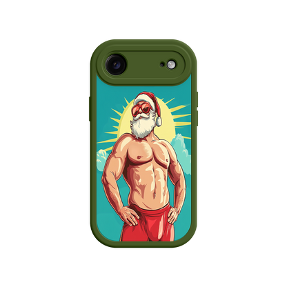 iPhone case with radiant sun and muscular Santa