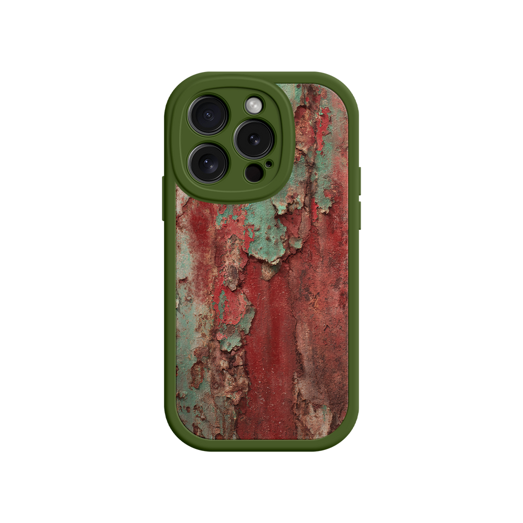 Urban-style phone case with weathered metal artwork