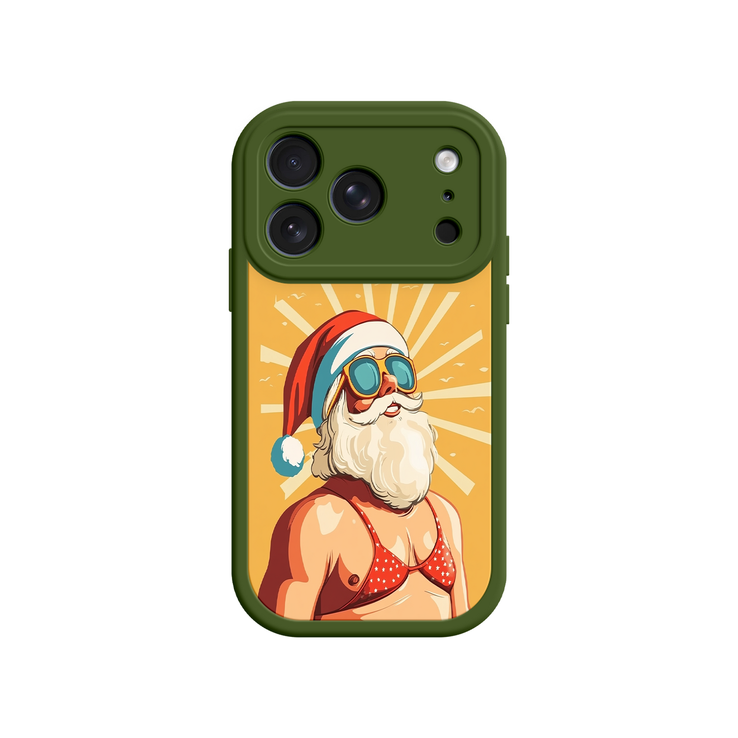 Whimsical phone case with Santa in bikini top