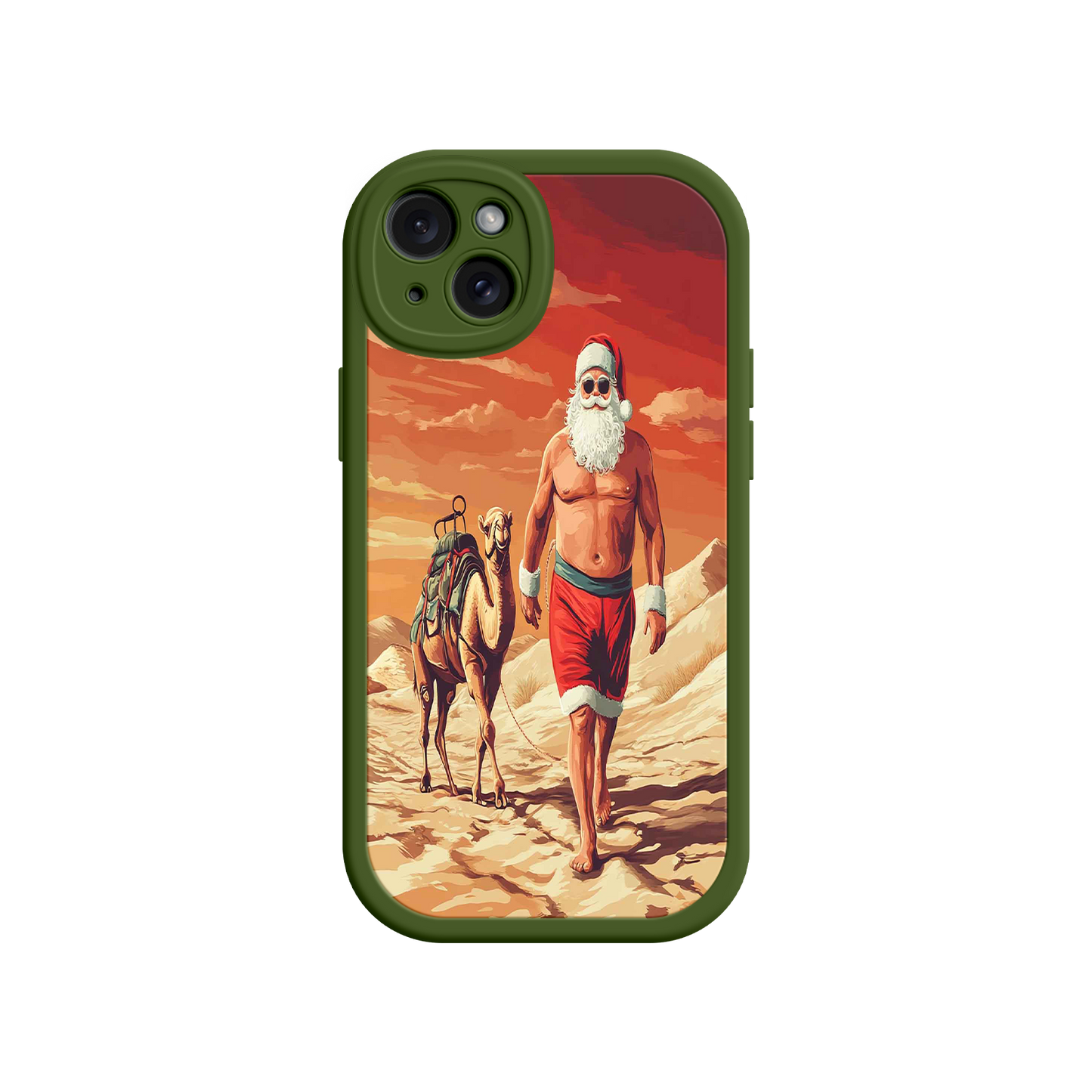 #MC0028 Factory Wholesale Desert Santa iPhone 17 Case – Funny Christmas Design, Muscular Santa & Camel, Holiday Heat Vibes