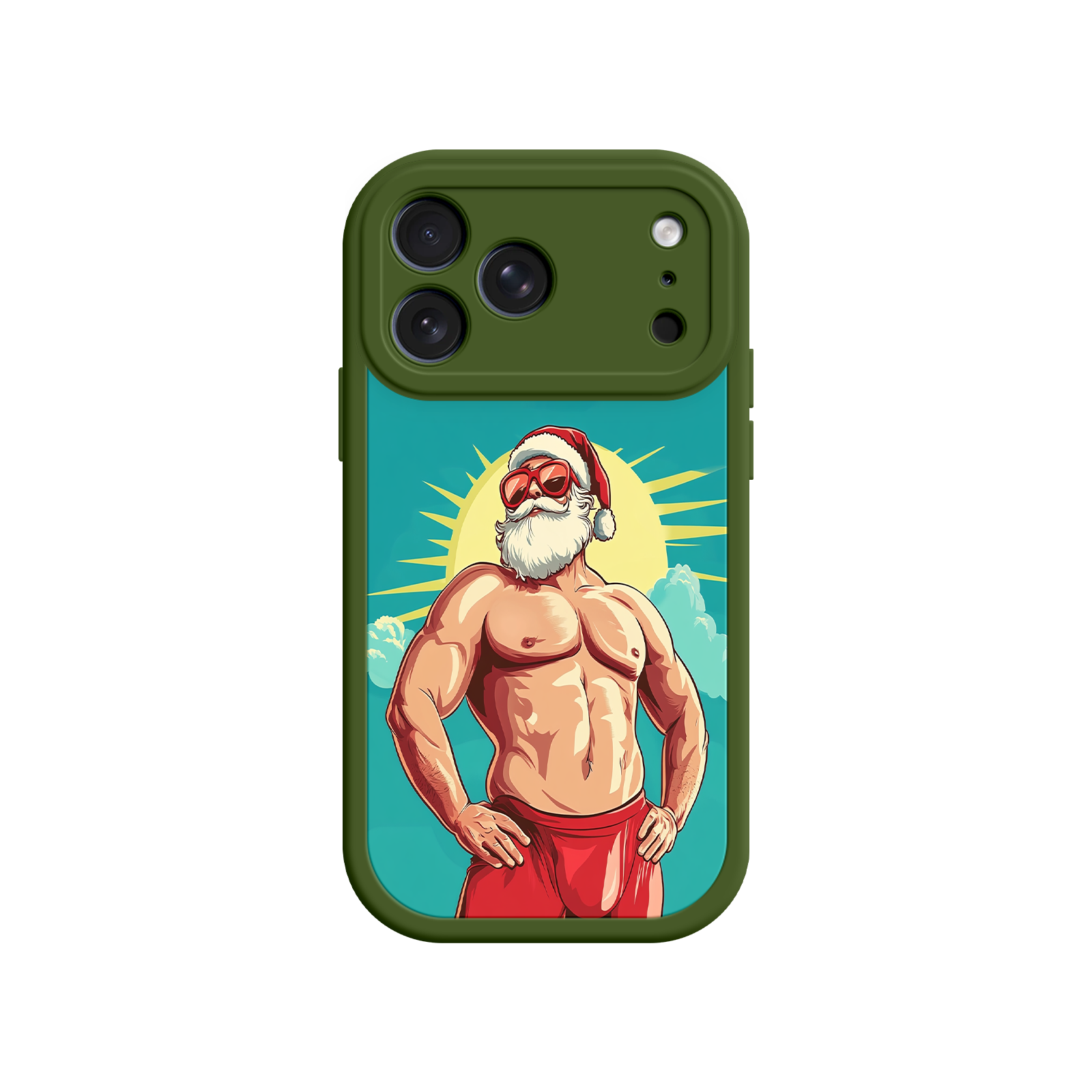Santa Claus phone case with confident pose and sunburst