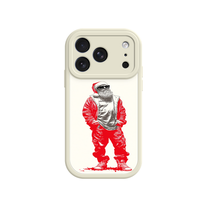 Phone case with a graphic of a person in a red and white outfit on a beige background