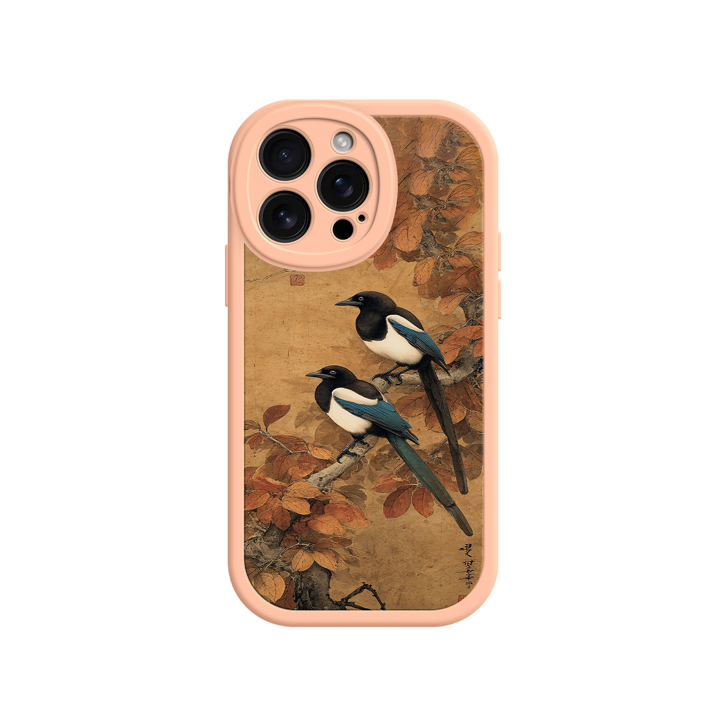 Artistic phone case featuring perched magpies in autumn