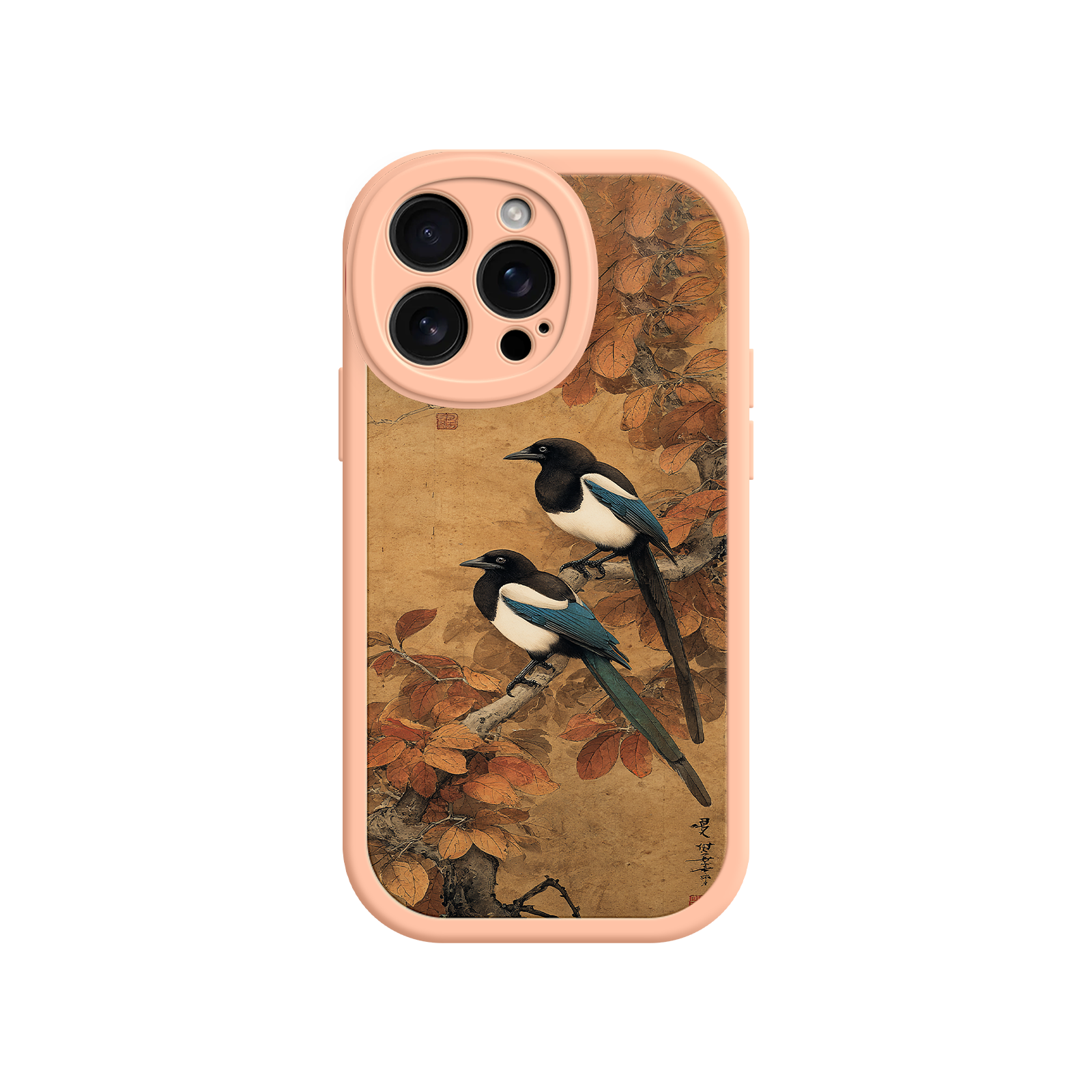 Artistic phone case featuring perched magpies in autumn