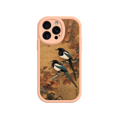 Artistic phone case featuring perched magpies in autumn
