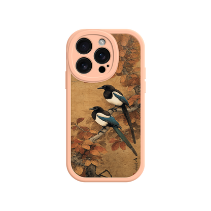 Artistic nature phone case with magpies and foliage