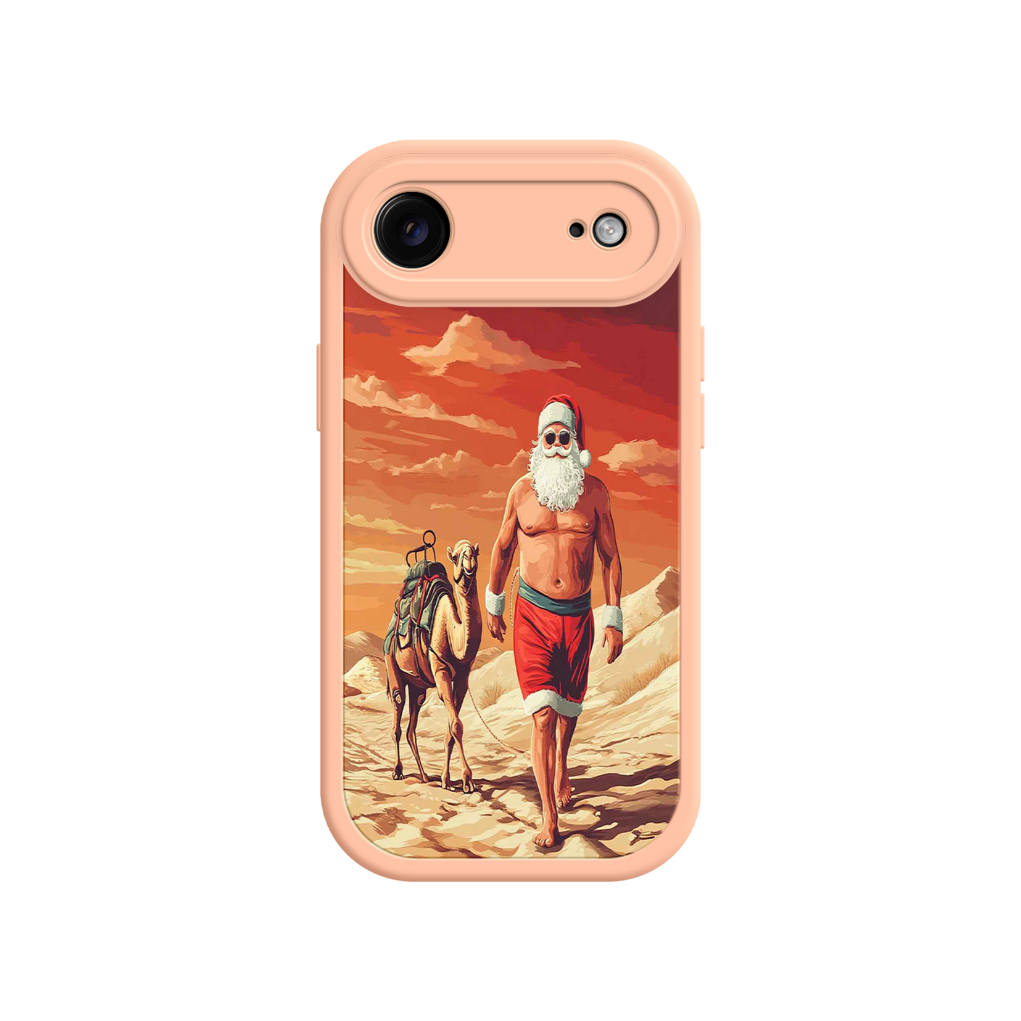 #MC0028 Factory Wholesale Desert Santa iPhone 17 Case – Funny Christmas Design, Muscular Santa & Camel, Holiday Heat Vibes