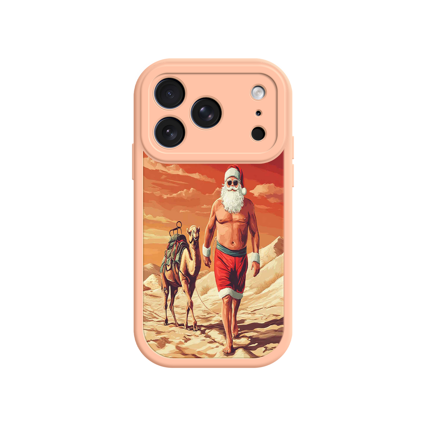 #MC0028 Factory Wholesale Desert Santa iPhone 17 Case – Funny Christmas Design, Muscular Santa & Camel, Holiday Heat Vibes