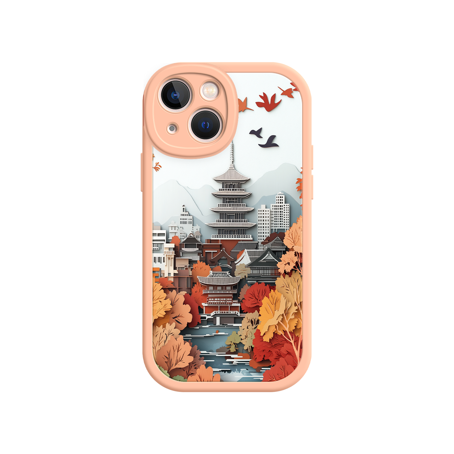 #MC0034 Factory Wholesale Autumn Japanese Landscape iPhone 17 Case – Traditional Japan Scene, Fall Foliage Illustration, Mount Fuji Phone Cover