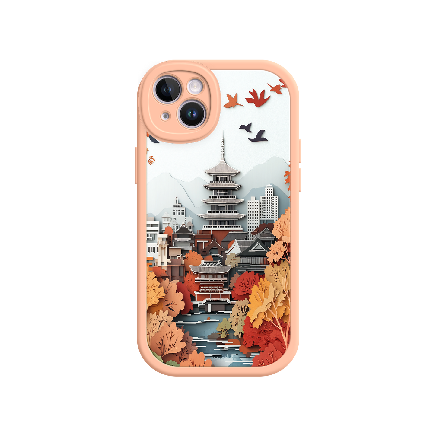#MC0034 Factory Wholesale Autumn Japanese Landscape iPhone 17 Case – Traditional Japan Scene, Fall Foliage Illustration, Mount Fuji Phone Cover