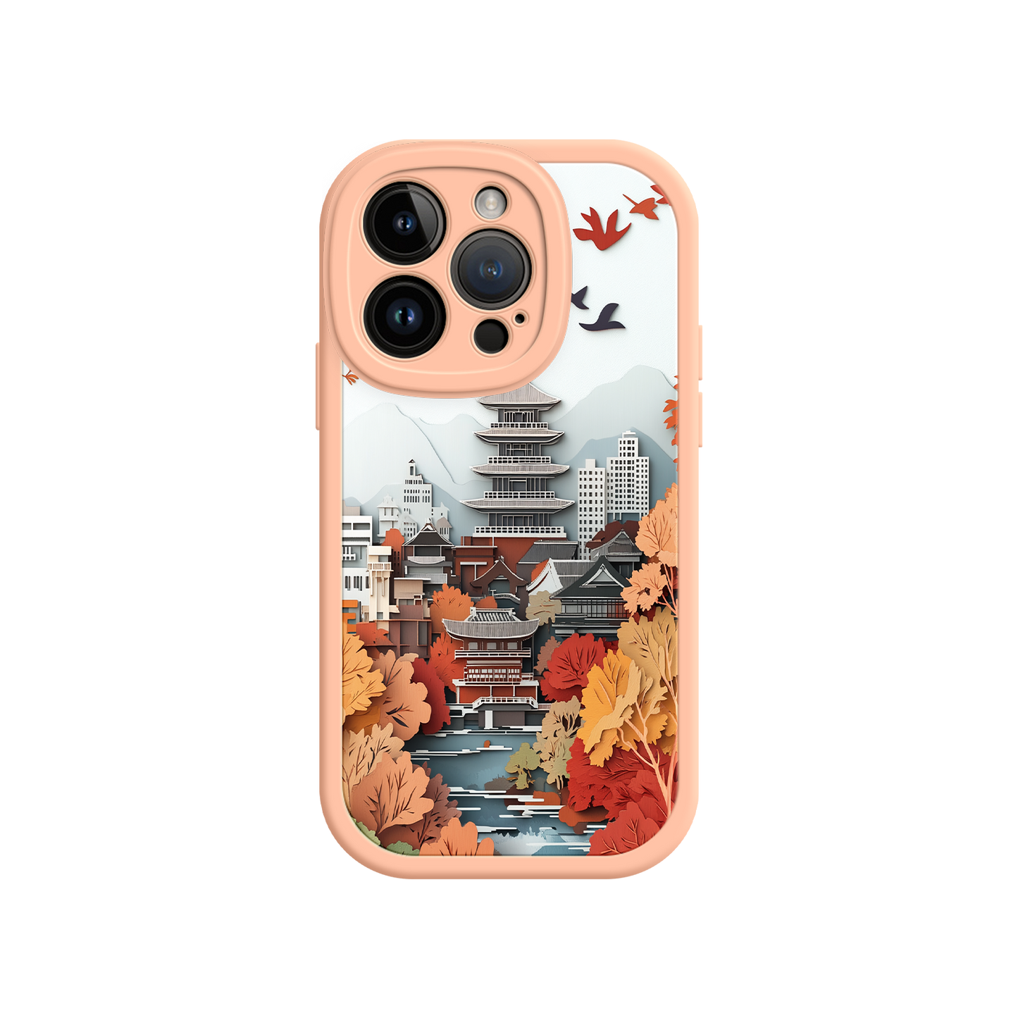 #MC0034 Factory Wholesale Autumn Japanese Landscape iPhone 17 Case – Traditional Japan Scene, Fall Foliage Illustration, Mount Fuji Phone Cover