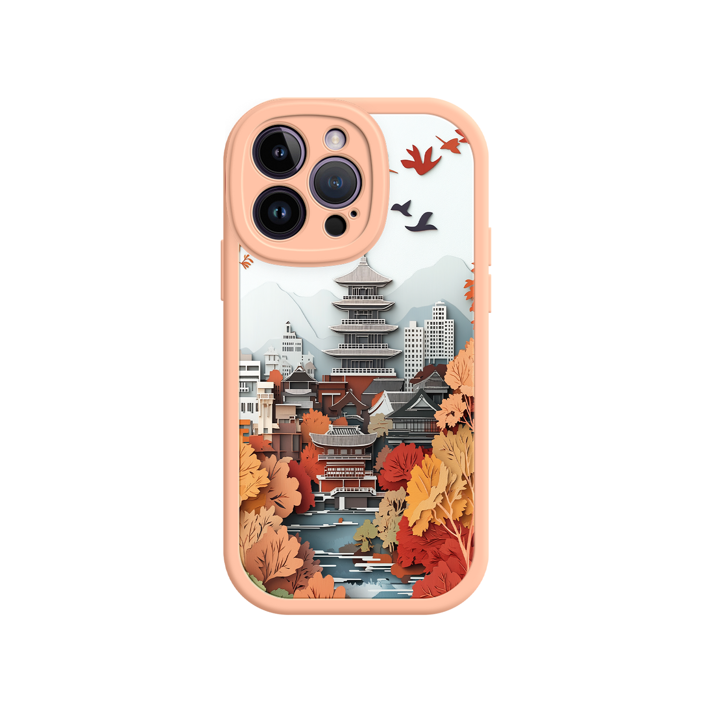#MC0034 Factory Wholesale Autumn Japanese Landscape iPhone 17 Case – Traditional Japan Scene, Fall Foliage Illustration, Mount Fuji Phone Cover