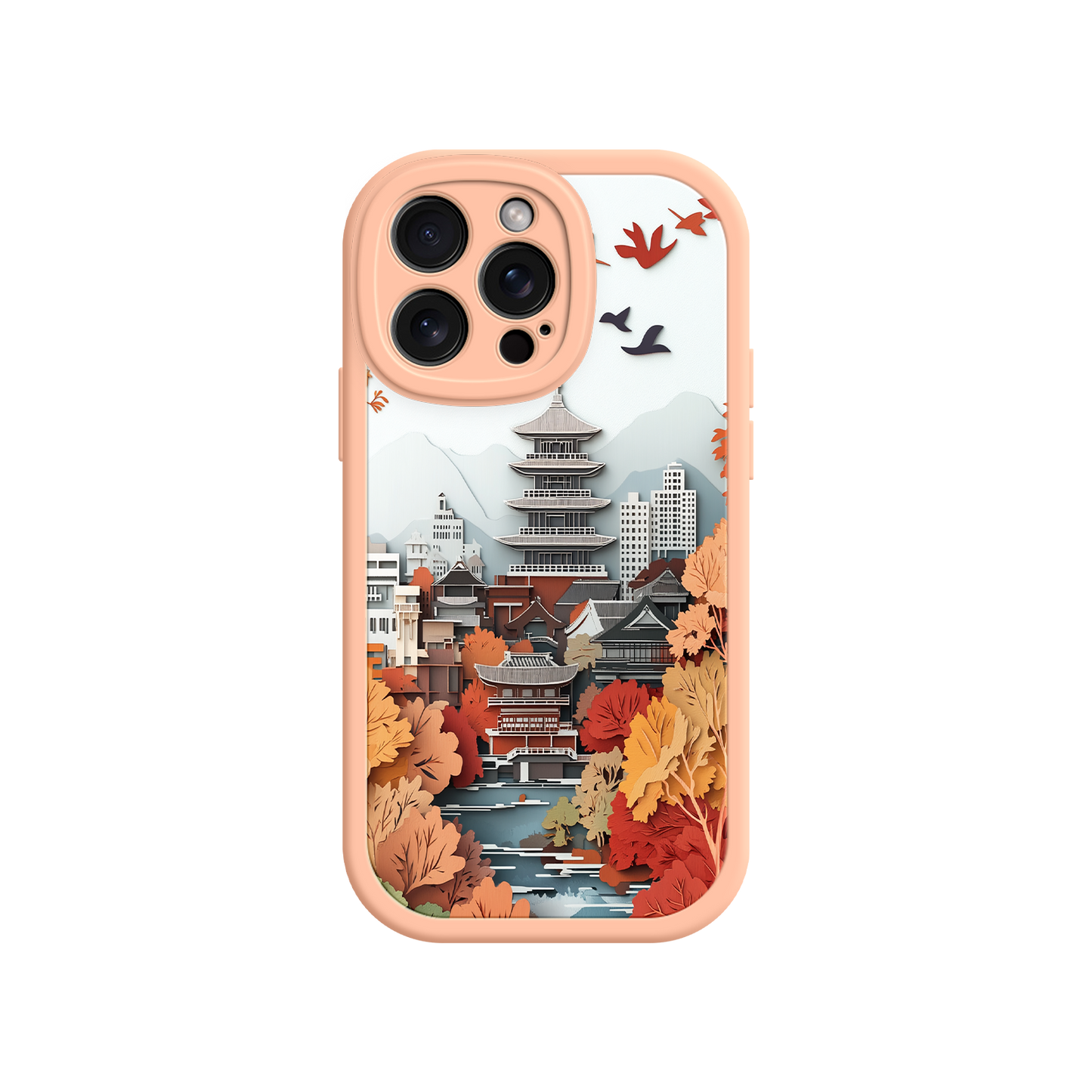 #MC0034 Factory Wholesale Autumn Japanese Landscape iPhone 17 Case – Traditional Japan Scene, Fall Foliage Illustration, Mount Fuji Phone Cover