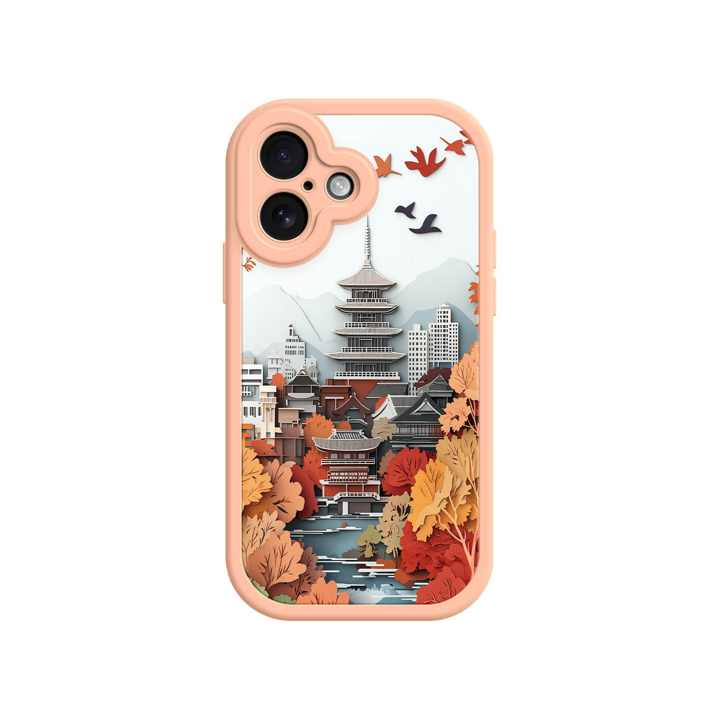#MC0034 Factory Wholesale Autumn Japanese Landscape iPhone 17 Case – Traditional Japan Scene, Fall Foliage Illustration, Mount Fuji Phone Cover