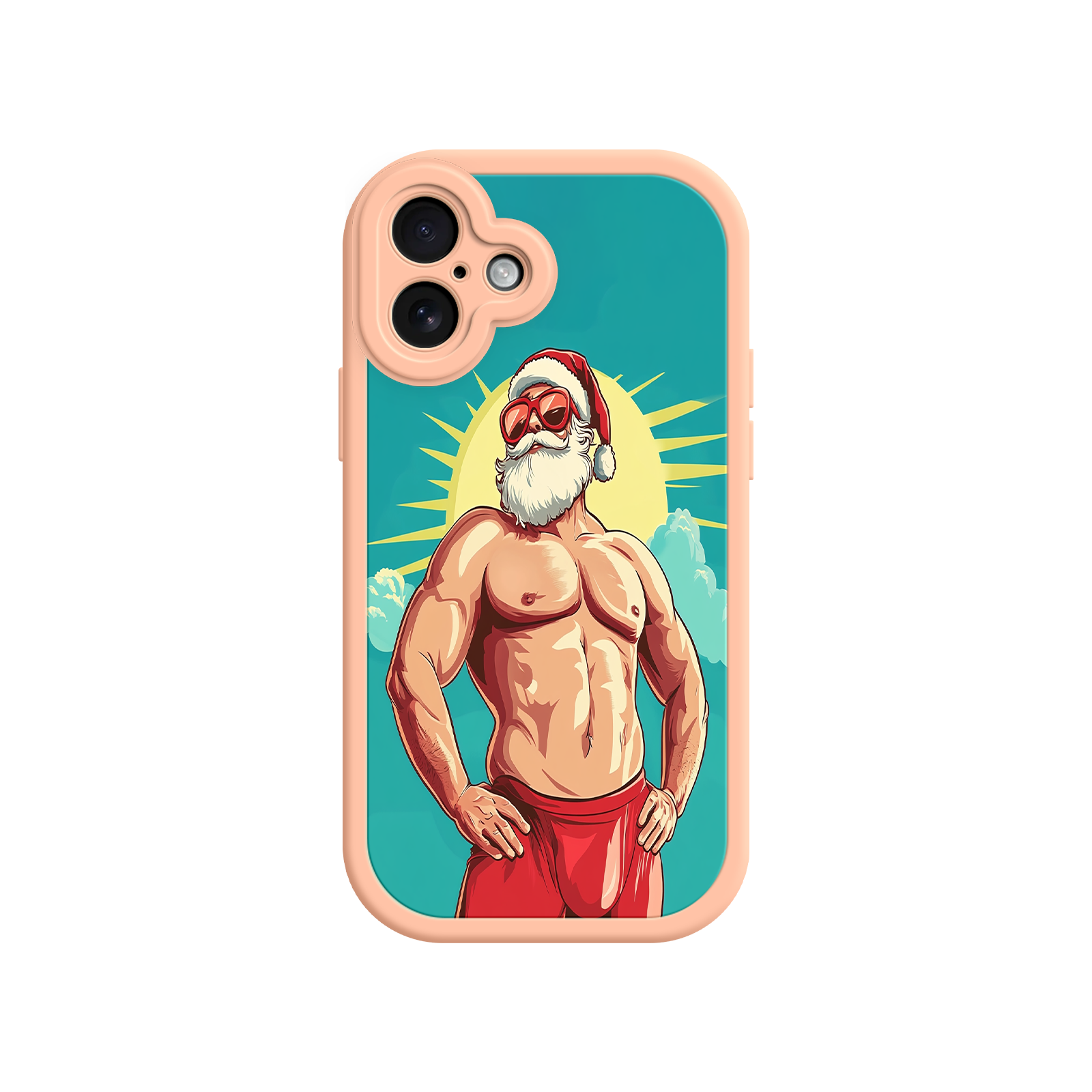 Cartoon-style phone case with festive muscle Santa