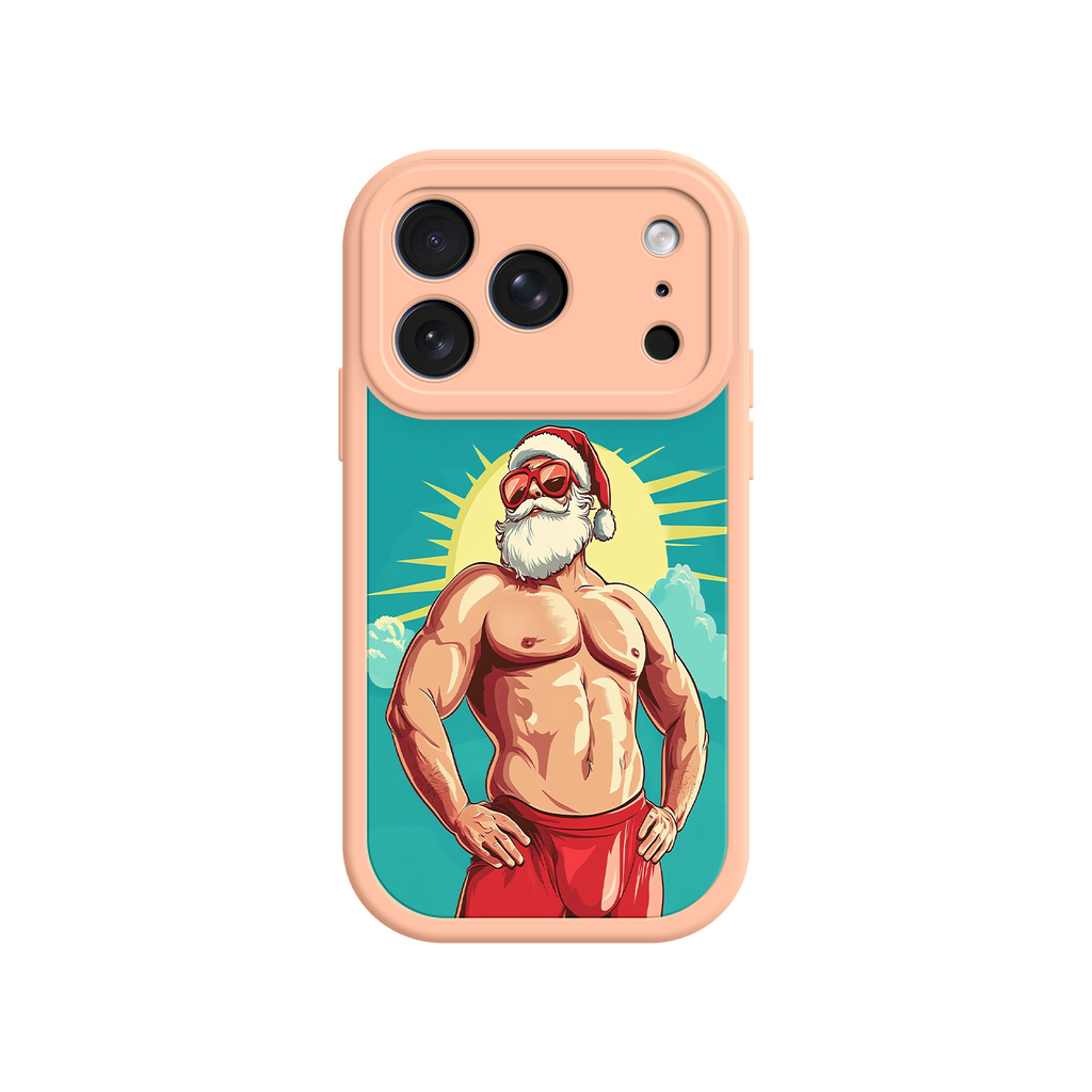 Cartoon-style phone case with muscular Santa Claus