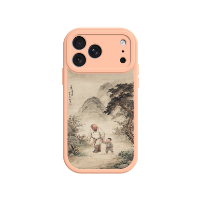 Nature-themed phone case with misty mountains and trees